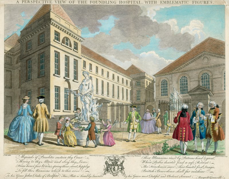 Uma visão em perspectiva do Hospital Foundling com figuras emblemáticas de English School