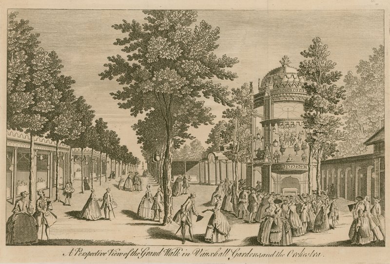 Uma vista em perspectiva do Grand Walk em Vauxhall Gardens, Londres, e The Orchestra de English School