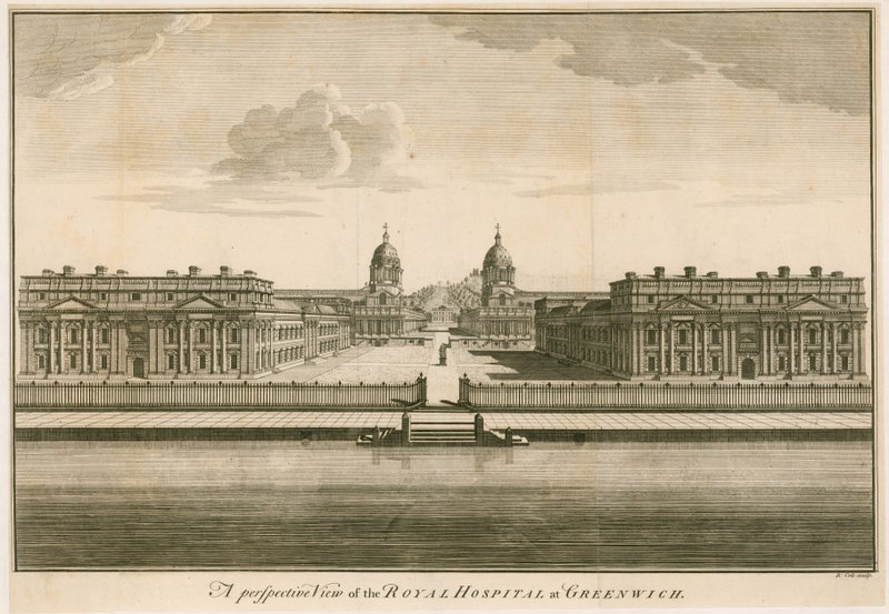 Uma vista em perspectiva do Royal Hospital em Greenwich, Londres de English School