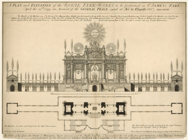 Um plano e elevação do Royal Fireworks a ser realizado no St Jamess Park, 27 de abril de 1749 de English School