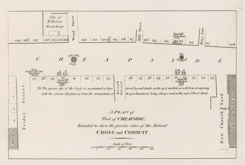 Um plano de Cheapside, Londres, destinado a mostrar os locais precisos da antiga Cruz e Conduit de English School