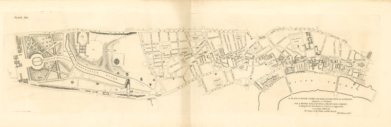 Um plano do Hyde Park e parte da cidade de Londres, mostrando uma posição para um palácio real de English School