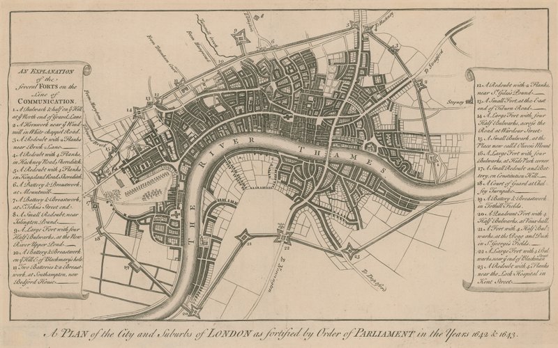 Um plano da cidade e subúrbios de Londres como fortalecido por ordem do Parlamento nos anos 1642 e 1643 de English School