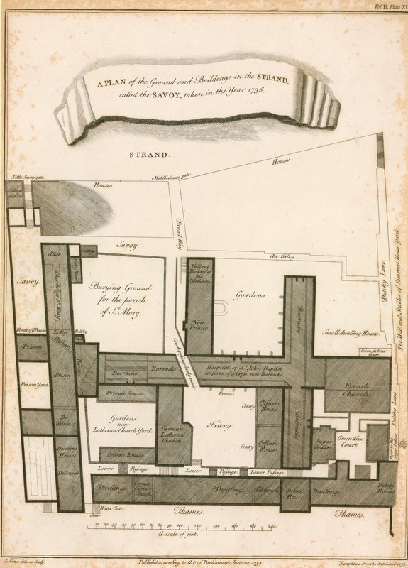 Um plano do solo e edifícios na Strand chamado Savoy, no ano de 1736 de English School