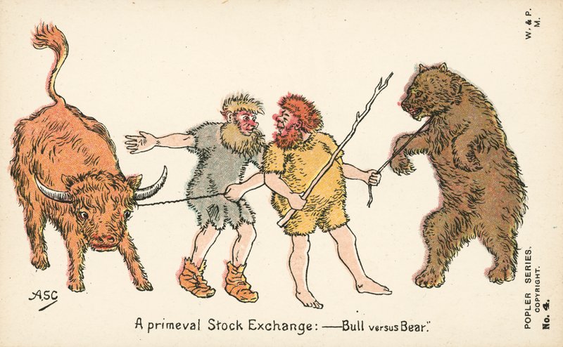 Uma Bolsa de Valores primitiva - Touro contra Urso (litografia a cores) de English School