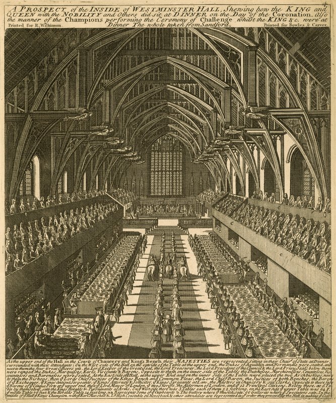 Uma perspectiva do interior do Westminster Hall mostrando como o Rei e a Rainha, com a nobreza e outros, sentaram-se no jantar no dia da Coroação. de English School