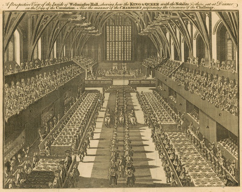 Uma perspectiva do interior do Westminster Hall mostrando como o Rei e a Rainha, com a nobreza e outros, sentaram-se no jantar no dia da Coroação. de English School