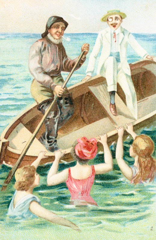 Um marinheiro remando um barco como banhistas puxar o lado do barco de English School