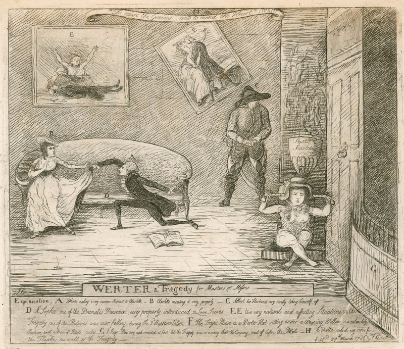 Uma cena do burlesco Werter de F Reynoldss, apresentada pela primeira vez no Covent Garden Theatre, em Londres, em 14 de março de 1786 de English School