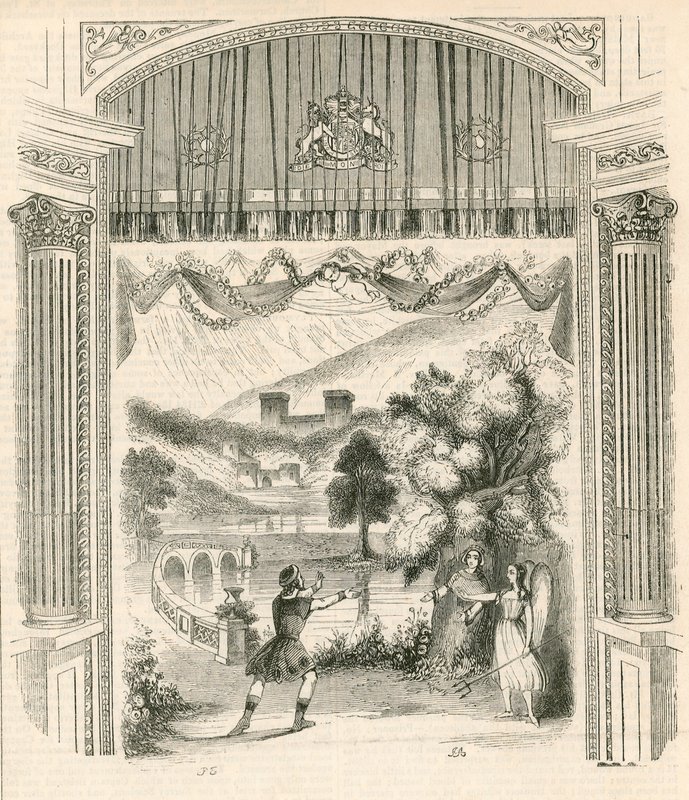 Uma cena da peça King Arthur, Drury Lane Theatre, Londres de English School