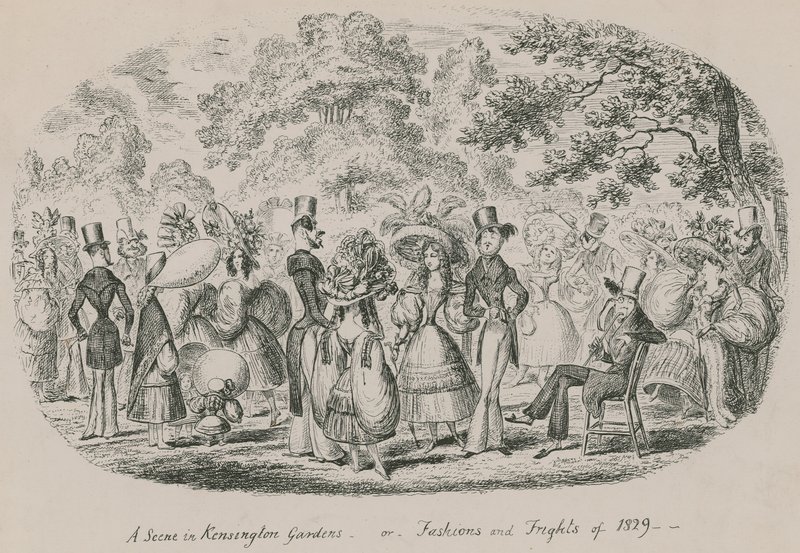 Uma cena em Kensington Gardens ou Fashions and Frights of 1829 de English School