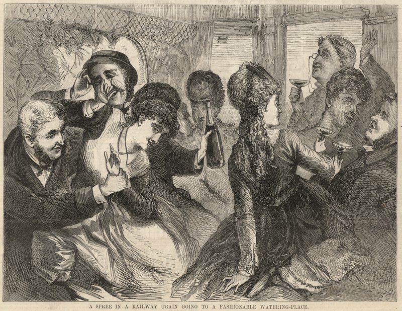 Uma farra em um trem ferroviário indo para um lugar de rega da moda de English School