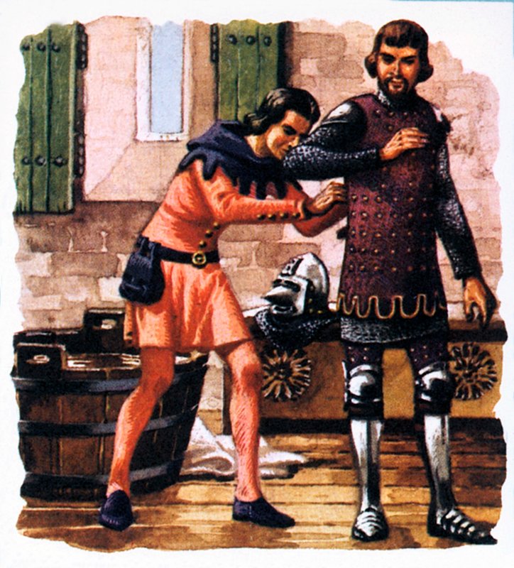 Um escudeiro mostrou prendendo a armadura do Príncipe Negro antes da batalha de Crecy de English School