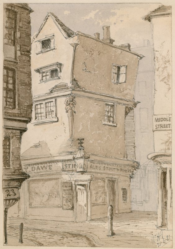Uma esquina em Cloth Fair, Smithfield, Londres, esboço em aquarela, 1881 (wc no papel) de English School