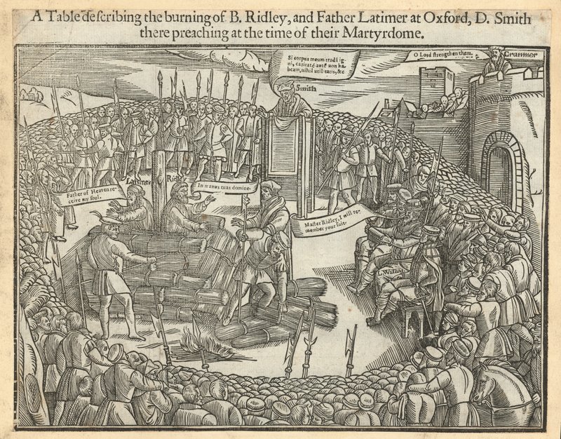 Uma tabela que descreve a queima do bispo Ridley e do padre Latimer em Oxford de English School