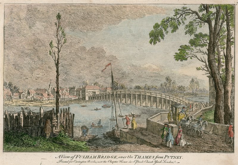 Uma vista da ponte de Fulham, Londres, sobre o rio Tamisa de Putney de English School
