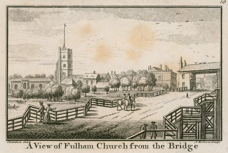 Uma vista da igreja de Fulham, Londres, da ponte do Fulham de English School