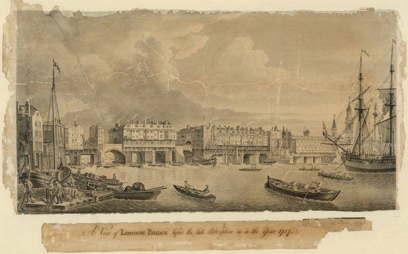 Uma vista da Ponte de Londres antes da alteração tardia, como no ano de 1757 de English School