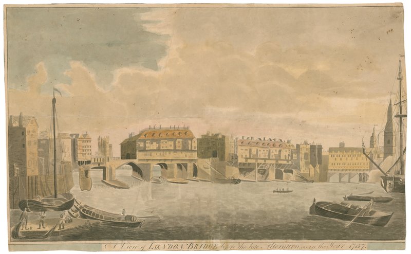 Uma visão da Old London Bridge antes de alterações, como em 1757 de English School