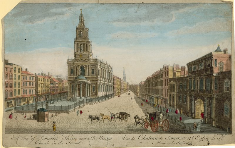 Uma visão da Somerset House e St Marys Church na Strand de English School
