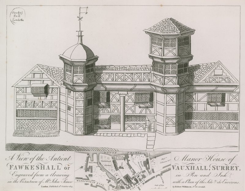 Uma visão do Antient Manor House of Fawkeshall ou Vauxhall de English School