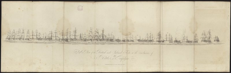 Uma visão das frotas britânicas e combinadas no final da Batalha de Trafalgar de English School