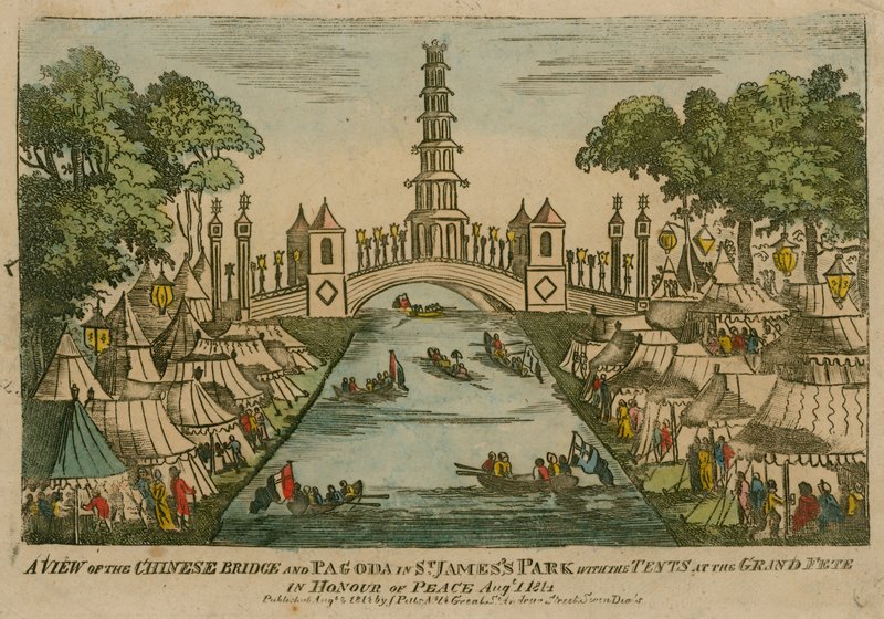 Uma vista da ponte chinesa e pagode em St Jamess Park com as tendas no Grand Fete em honra da paz, 1 de agosto de 1814 de English School