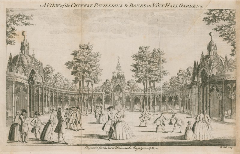 Uma vista dos Pavilhões Chineses e caixas em Vauxhall Gardens, Londres de English School