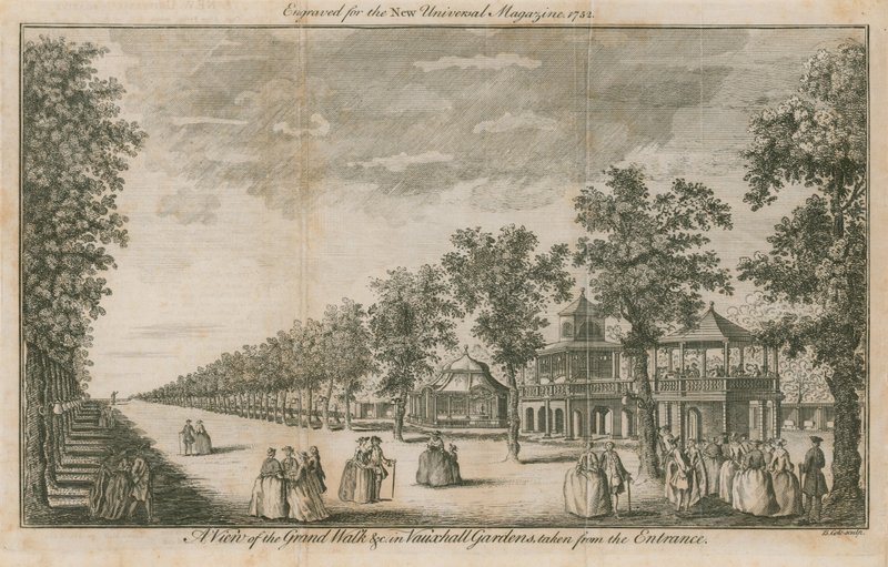Uma vista do Grand Walk em Vauxhall Gardens, Londres, tirada da entrada de English School