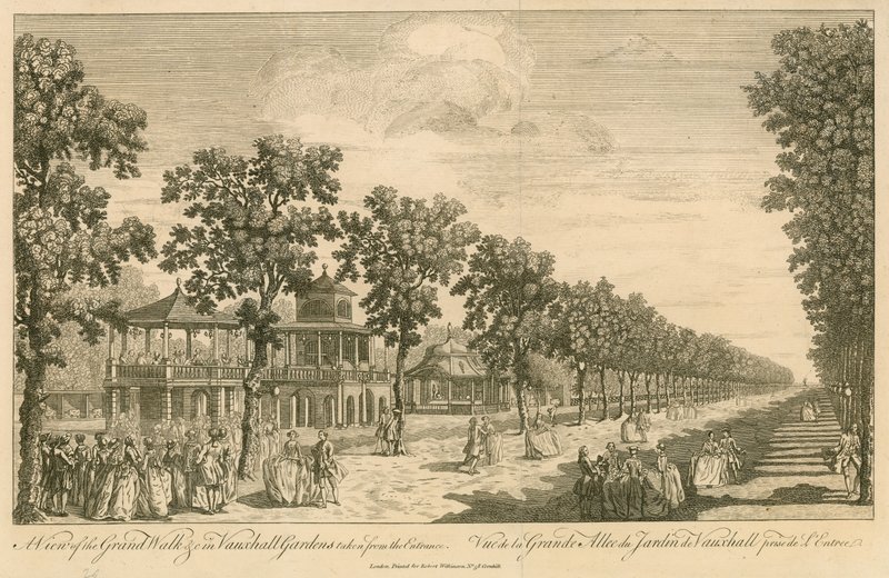 Uma vista do Grand Walk em Vauxhall Gardens, Londres, tirada da entrada de English School