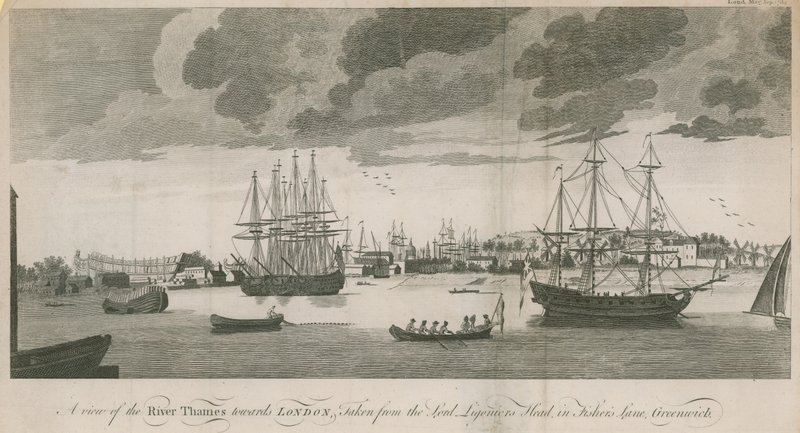 Uma vista do rio Tamisa em direção a Londres, tirada do Lord Ligoniers Head em Fishers Lane, Greenwich de English School