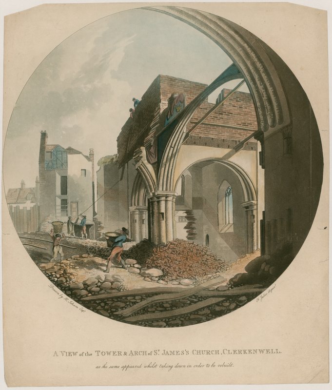 Uma vista da torre e do arco da igreja de St Jamess, Clerkenwell de English School