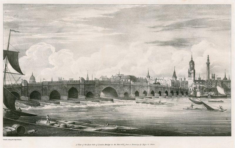 Uma vista do lado leste da ponte de Londres no ano de 1827 de English School