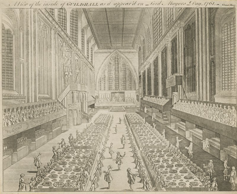 Uma visão do interior de Guildhall como apareceu no Lord Mayors Day, 1761 de English School