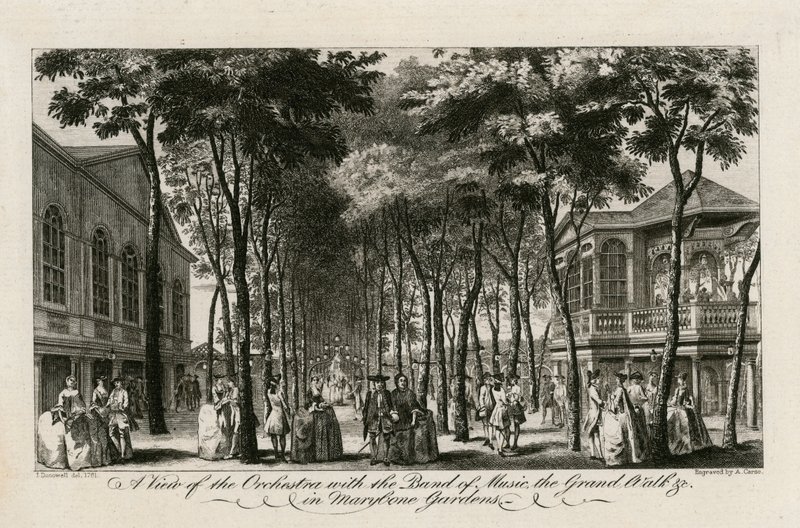 Uma vista da orquestra com a banda de música, o Grand Walk etc em Marylebone Gardens de English School