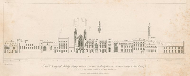 Uma visão do intervalo de construção adjacente Westminster Hall e de frente para o rio Tamisa de English School