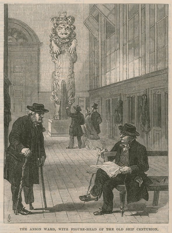 Uma visita ao Greenwich Hospital; The Anson Ward, com figura de proa do velho navio Centurion de English School