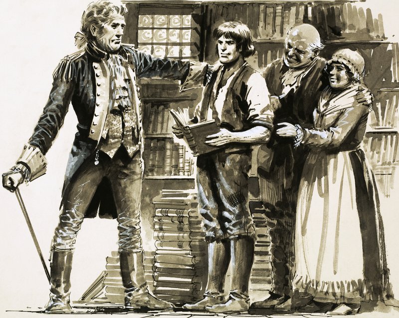Um vizinho rico vê Samuel Johnson trabalhando em uma livraria de English School