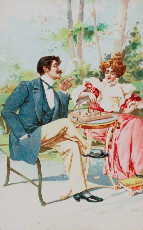 Um casal bem vestido jogando xadrez em um jardim de English School