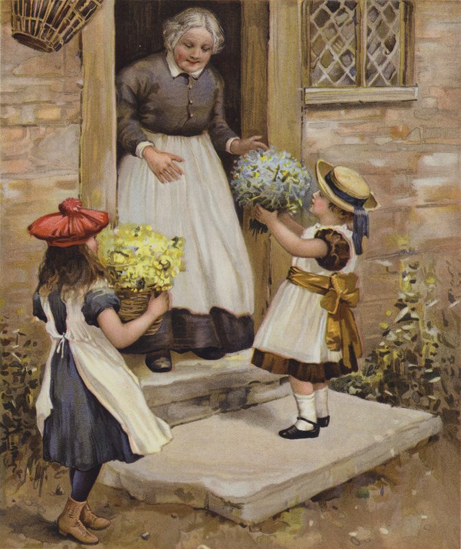 Um, mulher, olhar, como, dois, meninas jovens, apresente, com, flores de English School