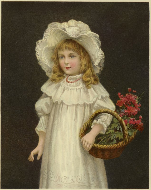 Um, menina jovem, vestido branco, segurando, um, cesta, de, flores vermelhas de English School