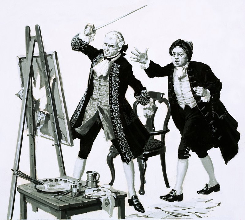 Um jovem cortou um retrato pouco lisonjeiro de seu pai por Hogarth com uma espada (guache no papel) de English School