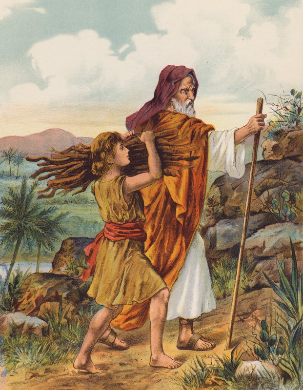 Abraão e Isaac a subir o Monte Moriá (litografia a cores) de English School