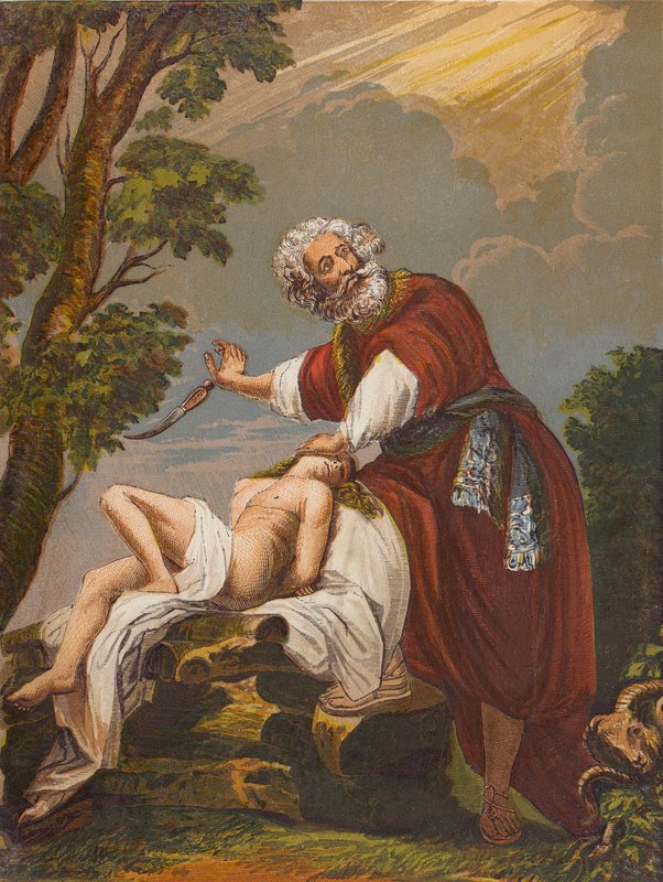Abraão oferece o seu filho Isaac para ser sacrificado (litografia a cores) de English School