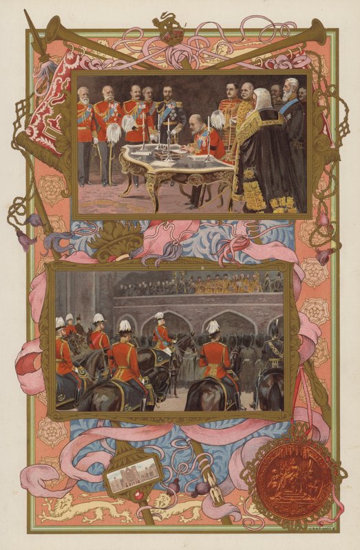 Adesão do rei Eduardo VII: assinatura da proclamação; a proclamação em curso (cor litho) de English School