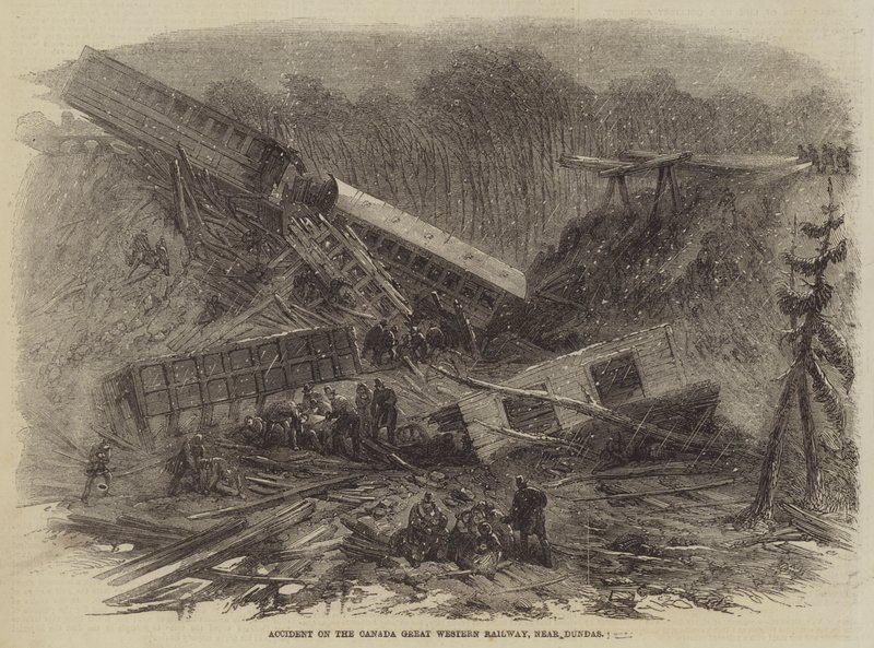 Acidente na Great Western Railway do Canadá, perto de Dundas (gravura) de English School