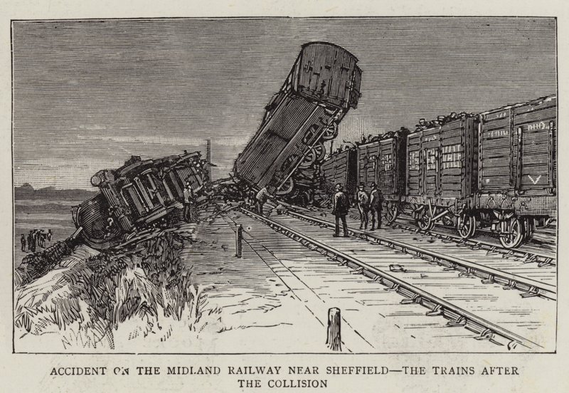 Acidente no Midland Railway perto de Sheffield, os comboios após a colisão (gravura) de English School