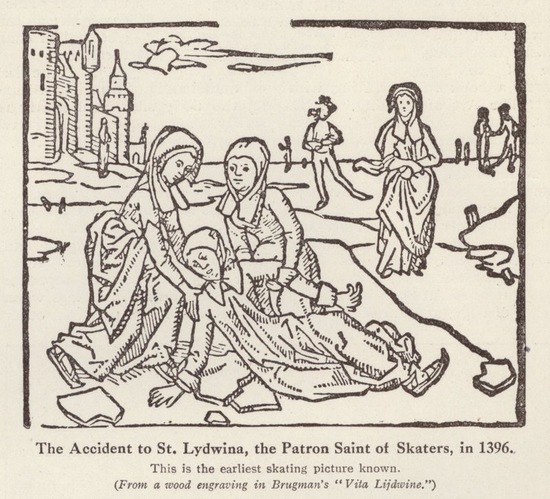 Acidente com Santa Lydwina, padroeira dos patinadores, em 1396 (litho) de English School