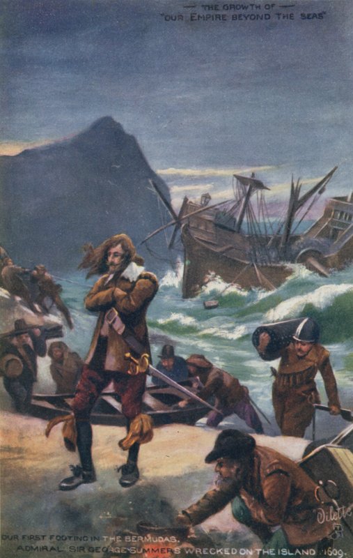 Almirante Sir George Summers naufragado nas Bermudas, 1609 de English School