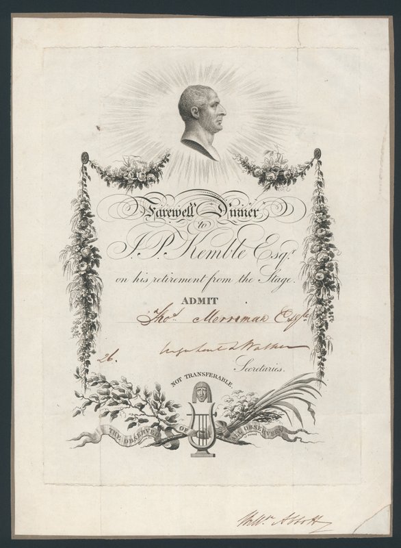 Bilhete de admissão para o jantar para celebrar o adeus de John Kembles ao palco, 1819 de English School